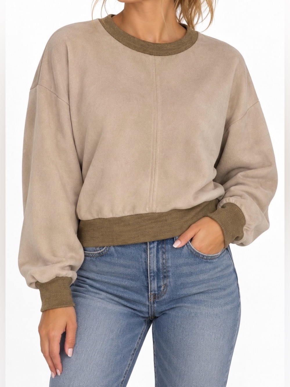 THML Beige and Tan Faux Suede Pullover Sweatshirt - Size XS